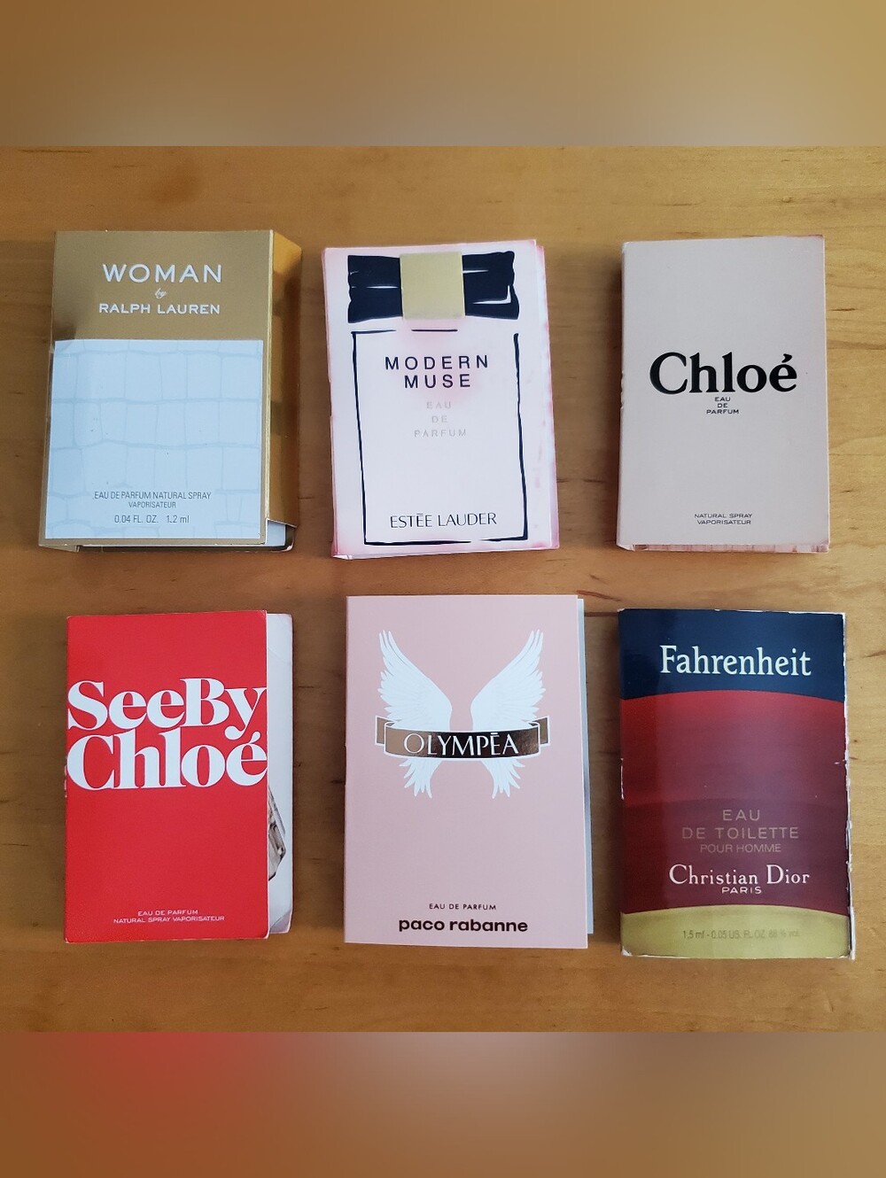6 of carded designer perfume sample, Chloé ,Esteè,Givenchy, Dior.......